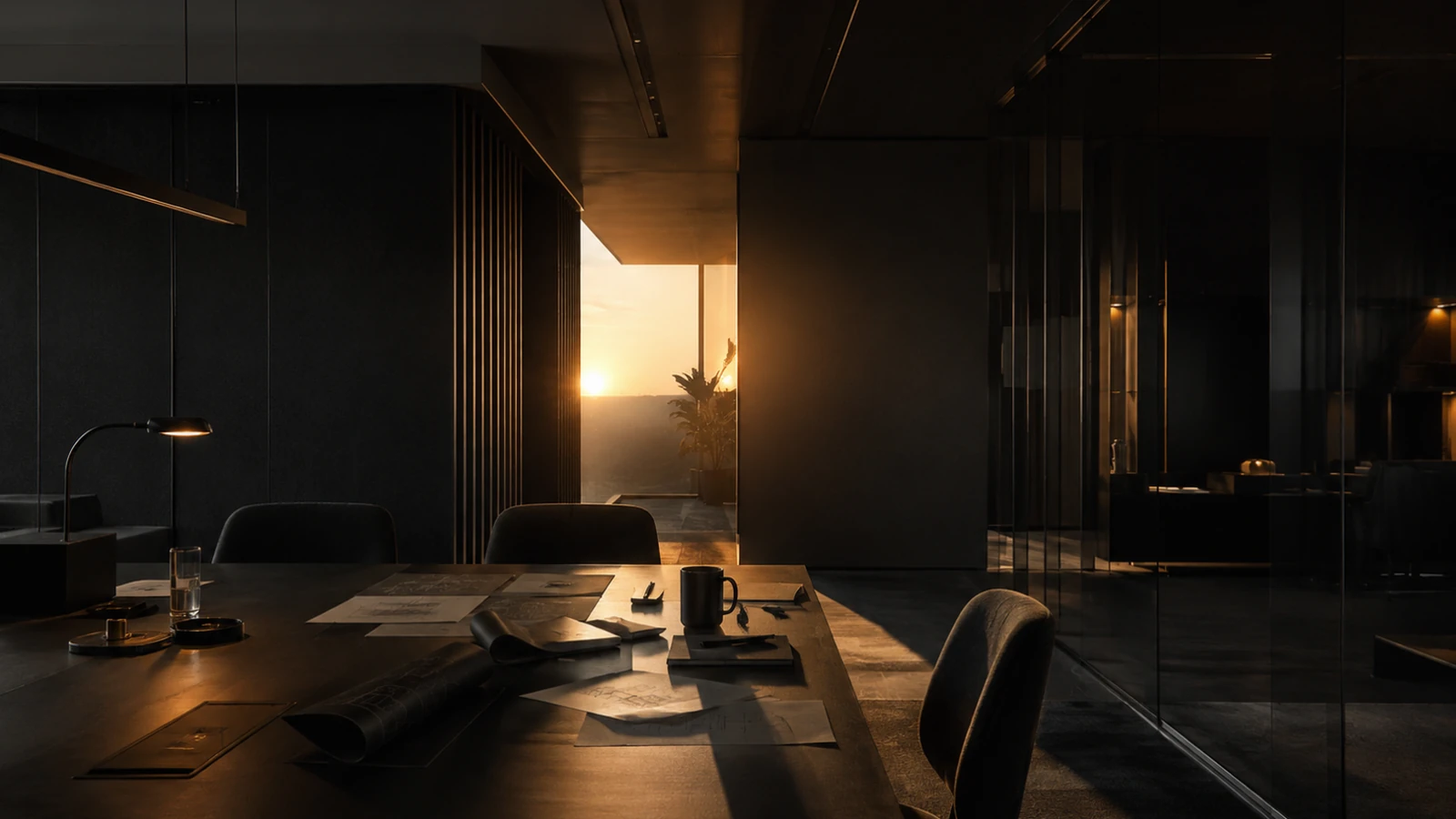 A dark meeting room at sunset, one desk lamp lit over drawings and a rolled sheet spread across the table, with a doorway of low sun beyond it.