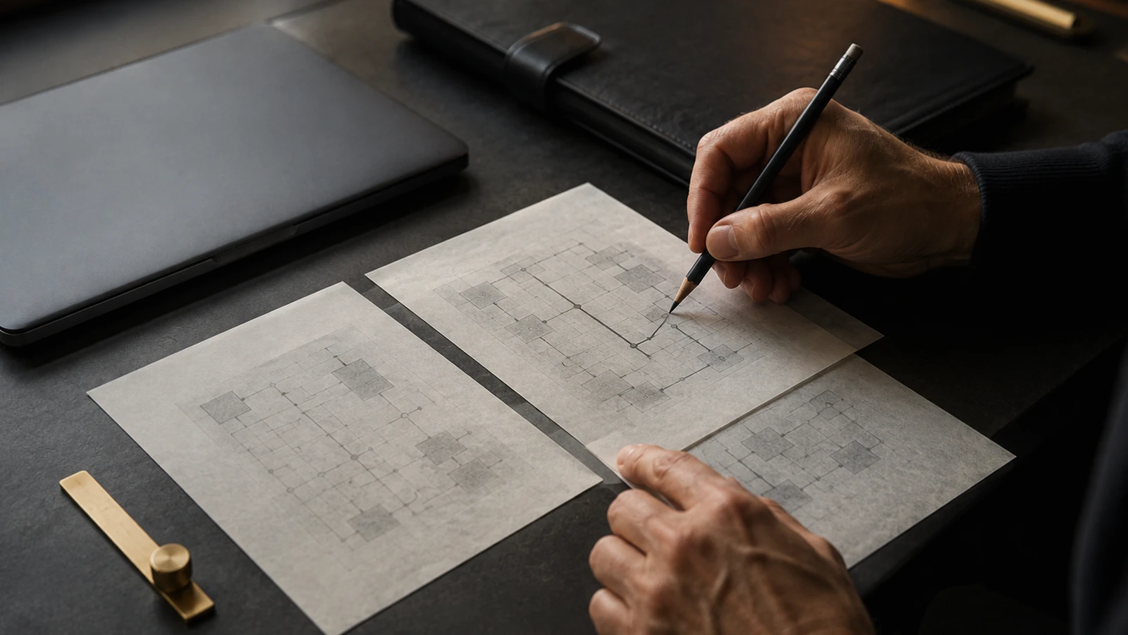 Two hands at a desk: one marking a node with a pencil on a translucent overlay laid across a printed diagram, the other holding the sheet flat, with a brass rule and a closed laptop alongside.