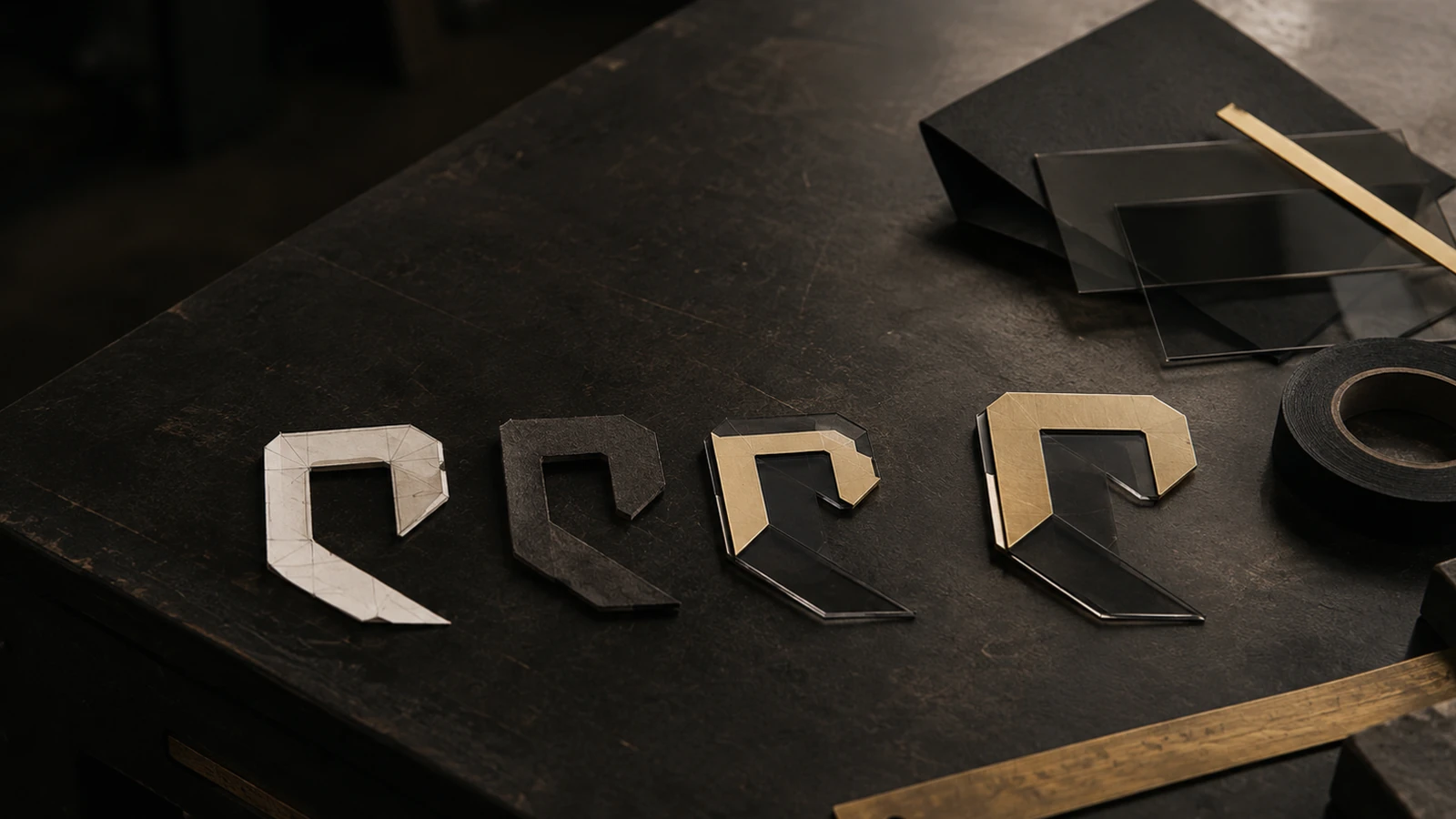 Four builds of the same angular hooked letterform laid in a row on a worn dark bench — cut paper, dark board, black with a brass face, and full brass — beside acetate sheets and a brass rule.