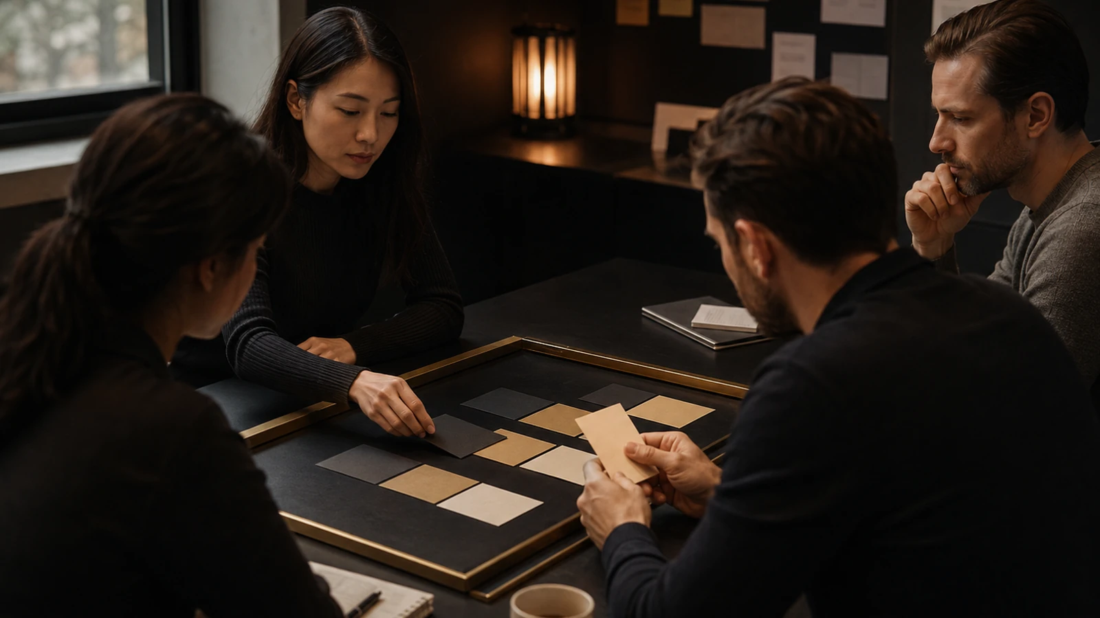 Four people around a dark table, studying paper and grey swatches arranged inside a brass-edged tray, with notes pinned to the wall behind them.