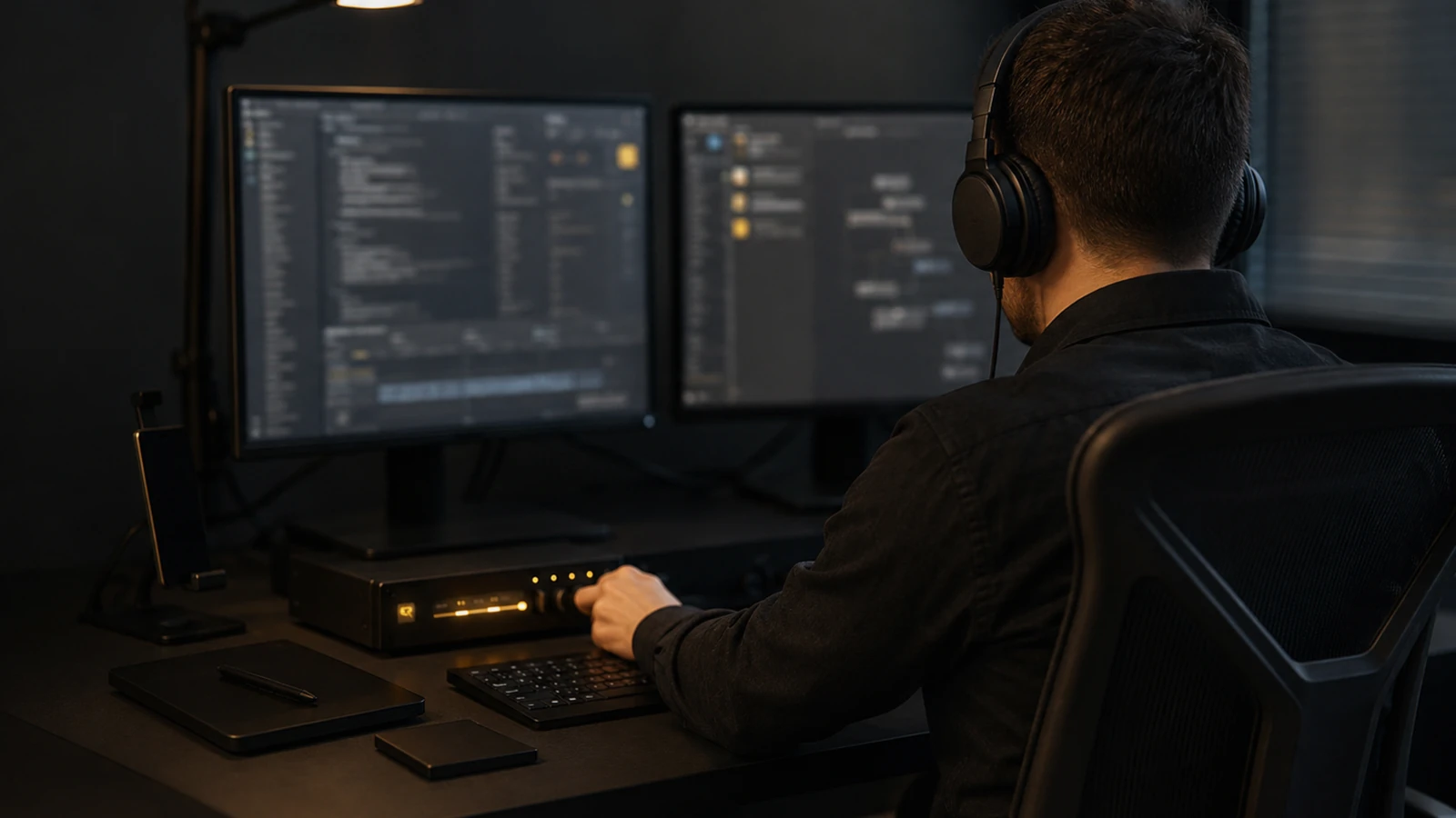 A person in headphones working at a two-monitor desk in a dark room, one hand resting on a rack unit whose amber indicators are lit.