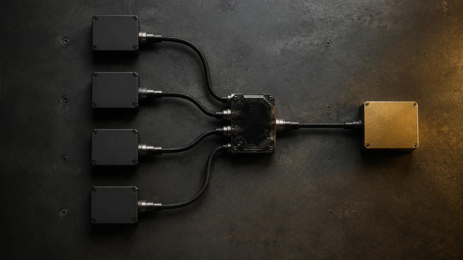 Four identical black junction boxes wired into one central hub, which passes a single cable on to a brass box at the right.