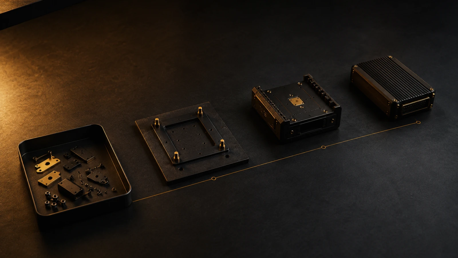 Four stages of one assembly laid left to right — loose brass fittings in a tray, a drilled base plate, an open chassis, then the finished sealed unit — linked by a thin gold line.