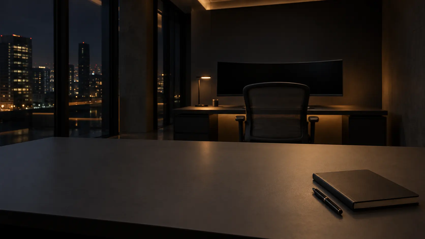 A clear dark desk facing a night skyline through floor-to-ceiling glass, with one closed notebook and a pen on it and an empty chair at a workstation behind.